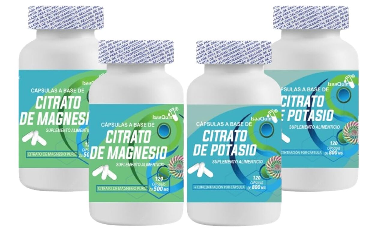 Pack 2 Citrato de Magnesio + 2 Citrato de Potasio – 480 Cápsulas | 240 mg de Magnesio + 631 mg de Potasio Elemental por Porción (3 Cápsulas) | 80 Porciones Totales | Alta Absorción