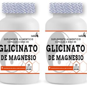 Glicinato de Magnesio | Pack de 2 Frascos con 120 Cápsulas de 600 mg c/u | 120 Porciones de 2 Cápsulas | 200 mg de Magnesio Elemental por Porción (Equivale a 1000 mg de Glicinato) | Sin Excipientes