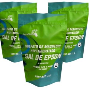 Sulfato de Magnesio Alimenticio 3 Pack | Sal de Epsom en Polvo | 3 Bolsas de 1 kg c/u | Marca IsaaQuim